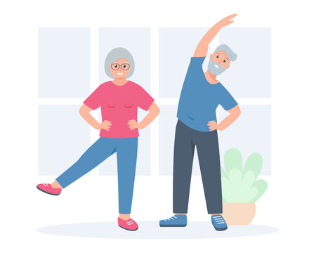 Happy couple of Elderly people doing yoga or sport exercises. Senior man and woman sport active healthy lifestyle concept. Vector cartoon or flat illustration.