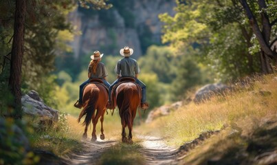 Couple riding on horse back in suuny day.