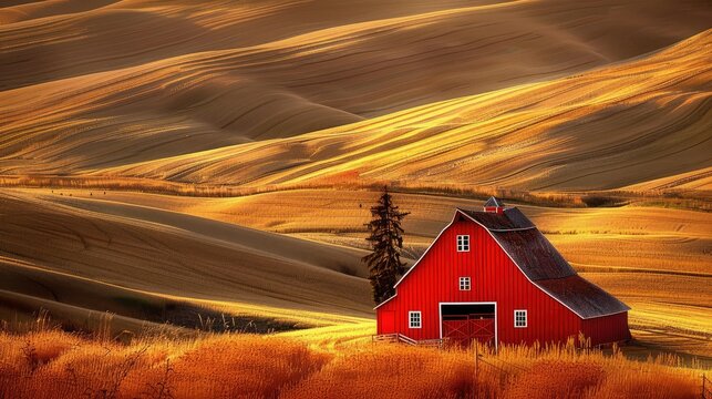 A red barn in the fall season in the palouse wheat 