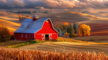 A red barn in the fall season in the palouse wheat  - obrazy, fototapety, plakaty