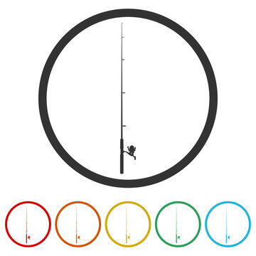 Fishing rod icon. Set icons in color circle buttons