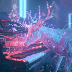 Ethereal deer with glowing antlers harmonizing on a holographic piano in a serene yet contrasting technoworld