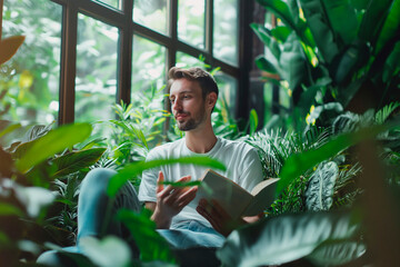 image of man sitting in the middle of green plants