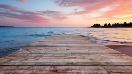 Foto op Aluminium Empty wooden pier extending into a calm sea at sunrise, soft pastel sky, conveying the tranquility and beauty of early morning at the beach, Photorealistic, sun © ProVector
