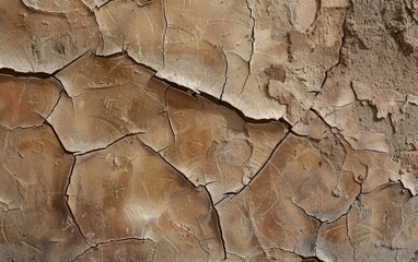 Naklejka premium A close-up of the cracked earth presents a warm, almost sepia-toned texture, reminiscent of a dry desert landscape.