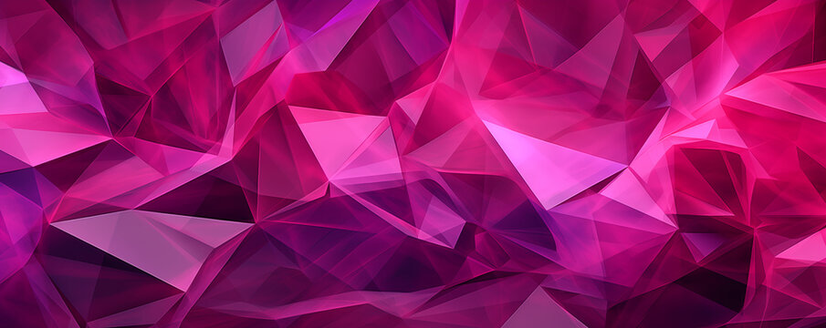 3d Render, Abstract Magenta Crystal Background, Faceted Texture, Wide Panoramic Polygonal Wallpaper