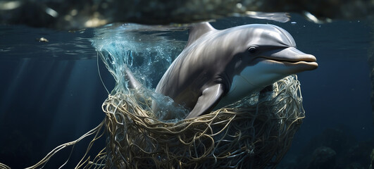 dolphin caught in a fishing net highlights the problem of marine life affected by human waste