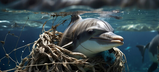 dolphin caught in a fishing net highlights the problem of marine life affected by human waste