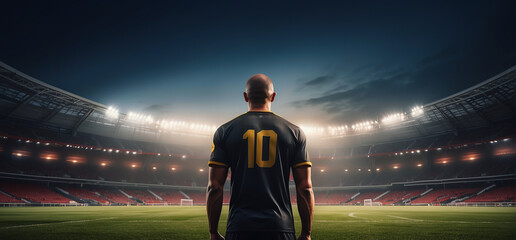 Football player stands on modern football pitch stadium with strong lights, sport panorama