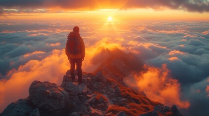 first-person perspective of an adventurer standing atop a mountain peak, witnessing the golden sunrise and the expansive sea of clouds below, feeling the exhila
