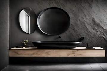 Sleek black basin against textured stone wall in minimal bathroom