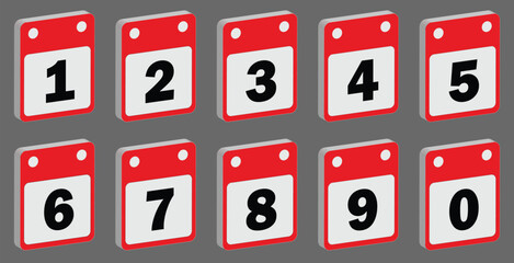 set of calendars with a date, 0 to 9 editable icon