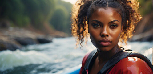 Happy young African American woman doing whitewater kayaking, extreme kayaking, concept of have fun with water sports - obrazy, fototapety, plakaty
