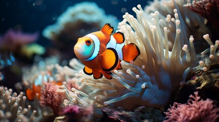 Fototapeta na wymiar Close-up of a clownfish among anemones in a reef, vivid colors, focus on the symbiotic relationship and delicate marine life, Photorealistic, underwater wildlif