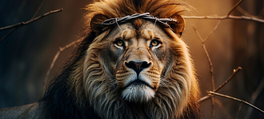 Lion with a crown of thorns. Jesus, the Lion