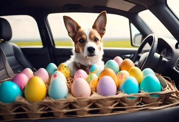 dog in easter car with colorful eggs