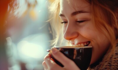 Happy woman detail drinking coffee.