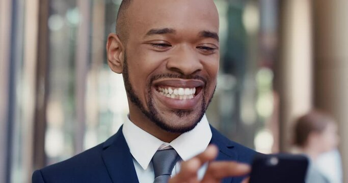 Phone, smile and black man for business in city, reading email notification or funny laugh at meme on app. Smartphone, happy professional or consultant in urban town on social media to scroll outdoor