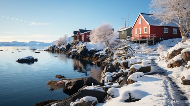 An isolated fishing village in the winter, the houses and boats covered in snow, the harbor frozen, smoke rising from chimneys, a sense of resilience and quiet