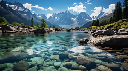Alpine lake surrounded by snow-capped mountains, crystal clear water revealing the rocky bottom, pristine and untouched nature, Photography, high-resolution ima