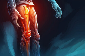 Person suffering from knee pain. Joint problems and arthritis on a dark background. Health and medical  - obrazy, fototapety, plakaty