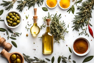 Olive oil, bouquet of thyme and spices cut out on transparent background - obrazy, fototapety, plakaty