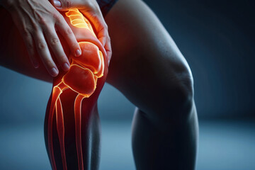 Person suffering from knee pain. Joint problems and arthritis on a dark background. Health and medical 