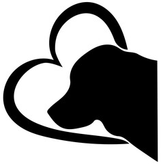 silhouette of a golden retrievers head, profile view, with heart around it.  in black, isolated 