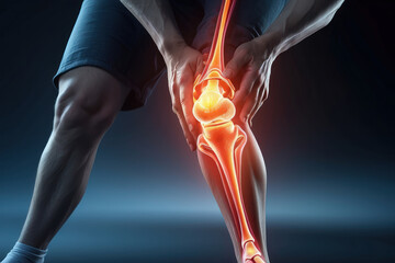Person suffering from knee pain. Joint problems and arthritis on a dark background. Health and medical 