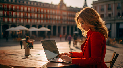 Cultural Fusion: Lively Plaza Mayor, Woman at Work - Balancing Productivity in the Heart of...