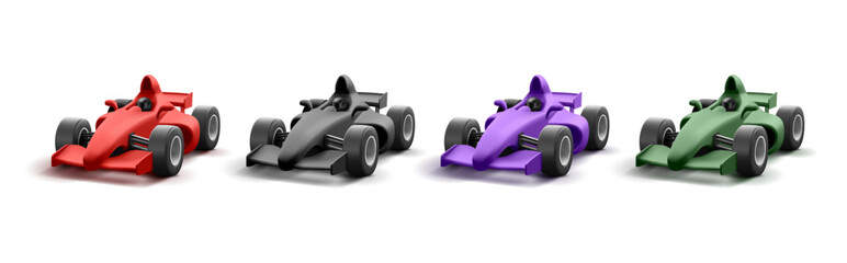 Set of speed sport cars, fast racing car 3d render illustration, modern realistic model in different colors