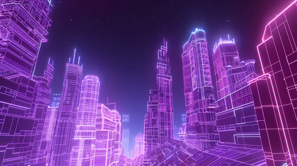 Fototapeta na wymiar Futuristic Cityscape at Twilight With Neon Lights