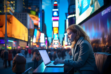 Times Square Explorer: Woman Working Amidst Iconic Billboards - Balancing Productivity in the Heart of NYC