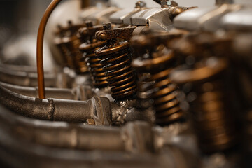 Old airplane engine closeup details, selective focus of metal mechanism