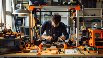 An entrepreneur working on a prototype in a maker space surrounded by 3D printers and electronic components. - obrazy, fototapety, plakaty
