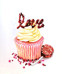 Illustrated creamy cupcake with chocolate sweets, sprinkles , hand drawn