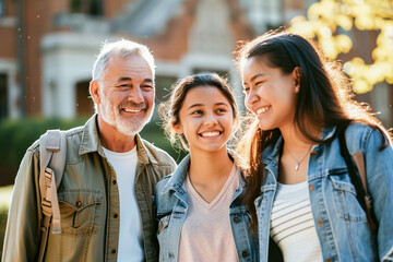 Student with parents on campus, family bonding, college orientation, educational experience