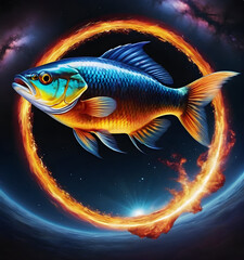 Fototapeta premium Underwater scene with fish swimming through the ring of fire . illustration.