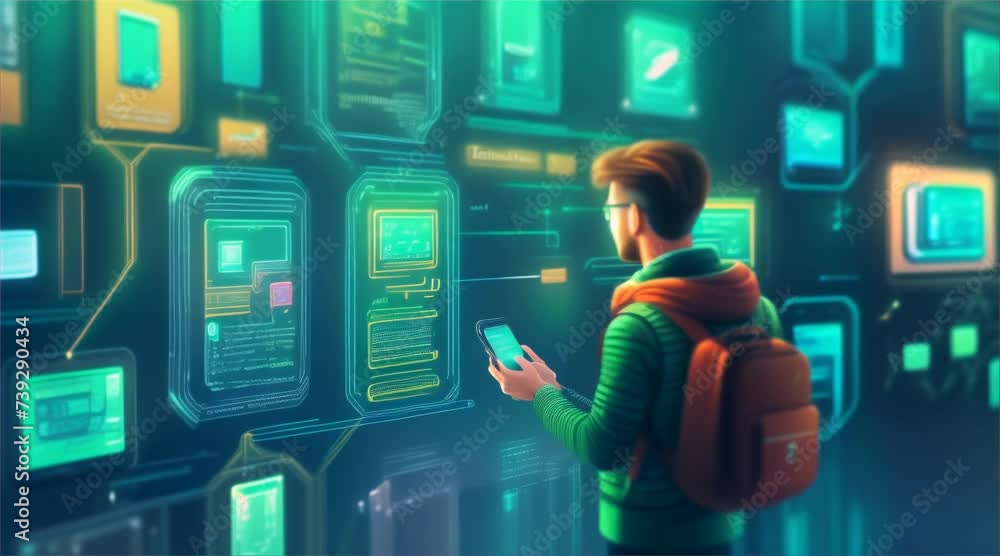 Poster dynamic illustration of a shopper using a mobile app