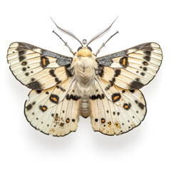 A vibrant, intricately patterned butterfly on a white background.
