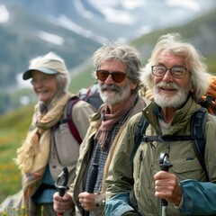 Fototapeta premium Three joyful seniors enjoy outdoor adventure together, fullfil senior lifestyle health, group of 60s elderly pensioner friends hiking activities in wood expressions happy laughing lively conversation