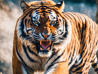 Portrait of a tiger in a zoo. Close-up.