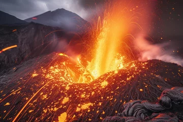 Fotobehang Volcanic chaos: molten lava spews from the crater, creating a striking image of Earth's dynamic forces © Anna