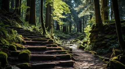 An enchanted woodland path, the trees old and towering, moss and ferns covering the ground, the air cool and fragrant, the trail inviting and mysterious, Photog