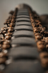 Old aeroplane parts with close up of vintage engine details, selective focus