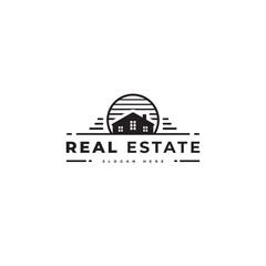 Real estate logo simple minimalist style, with house silhouette. Vintage logos.