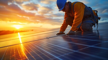 Technician in safety gear, checking the integrity of solar cells on a sunlit roof, technology and eco-consciousnes, worker inspect equipment, focus mirroring the dedication to sustainable energy