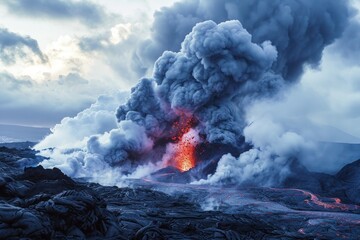 Volcanic chaos: molten lava spews from the crater, creating a striking image of Earth's dynamic forces - obrazy, fototapety, plakaty