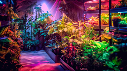 Plants basking under ultraviolet light, illustrating the concept of indoor gardening at home. Vibrant foliage thriving in artificial lighting conditions.