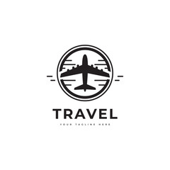 Travel logo in simple minimalist style, with a mountain silhouette. Vintage logo.